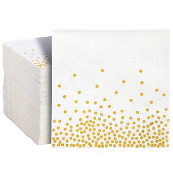 100 Pack White And Gold Paper Cocktail Napkins, Disposable Party Napkins, 5 in