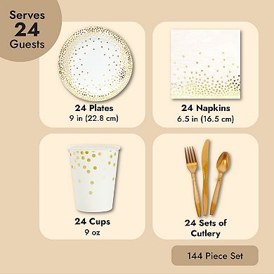 144 Piece Gold Party Supplies And Decorations For Wedding, Birthday, Serves 24