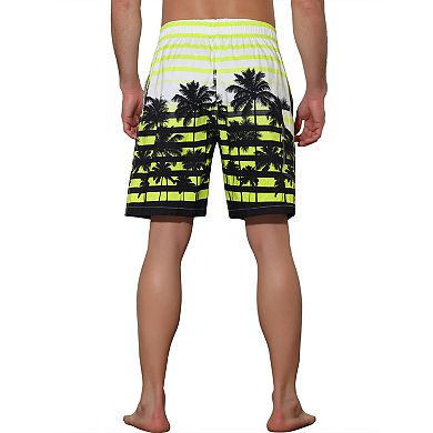 Men's Color Block Tropical Trees Printed Striped Beach Shorts