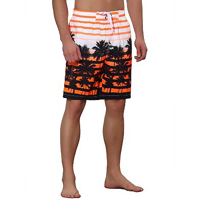 Men's Color Block Tropical Trees Printed Striped Beach Shorts