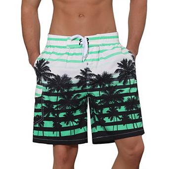 Men's Color Block Tropical Trees Printed Striped Beach Shorts