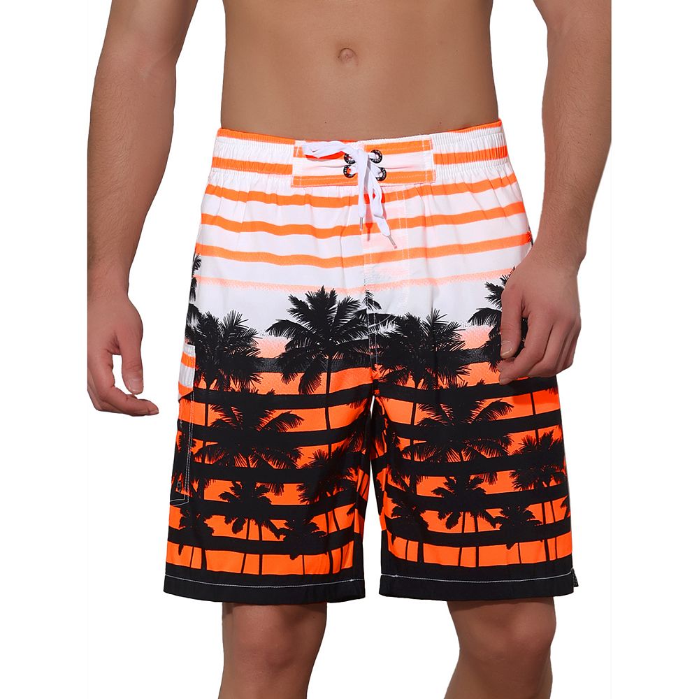 Men's Color Block Tropical Trees Printed Striped Beach Shorts
