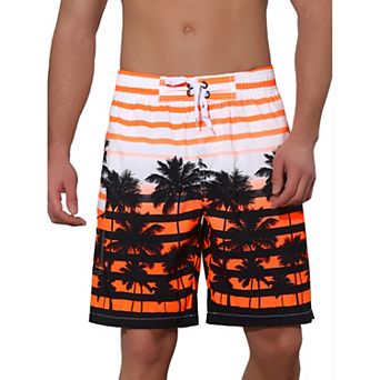 Men's Color Block Tropical Trees Printed Striped Beach Shorts