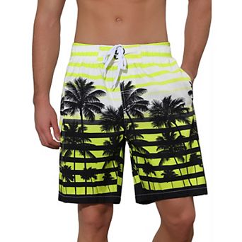 Men's Color Block Tropical Trees Printed Striped Beach Shorts