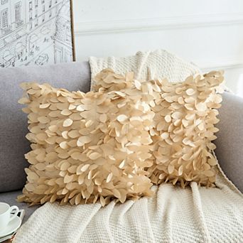 2 pc Solid Color Throw Pillowcase 3D Sequins Leaf Cushion Covers for Indoor Outdoor 18 x 18 Inch