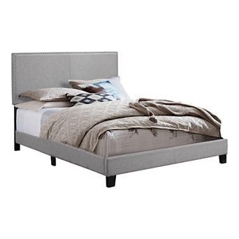 Shirin Full Size Bed, Wood, Nailhead Trim, Upholstered Headboard, Gray