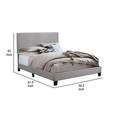 Shirin Full Size Bed, Wood, Nailhead Trim, Upholstered Headboard, Gray