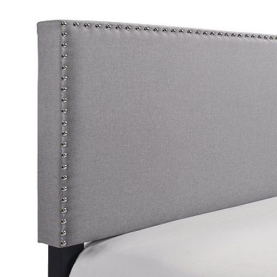 Shirin Full Size Bed, Wood, Nailhead Trim, Upholstered Headboard, Gray