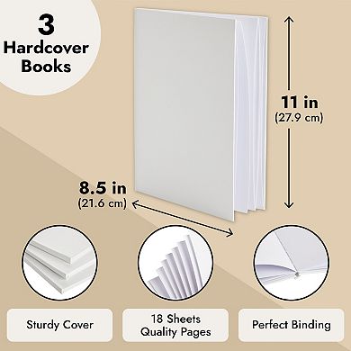 3 Pack Hardcover White Books for Students, Blank inside (8.5x11 inch)