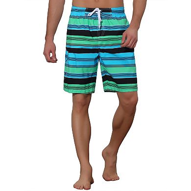Men's Drawstring Stripes Printed Color Block Beach Pool Board Shorts