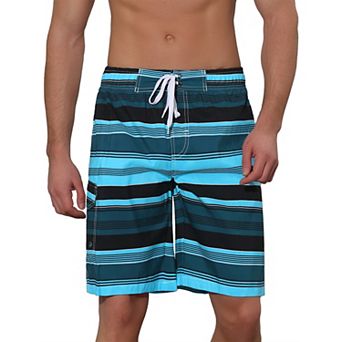 Men's Drawstring Stripes Printed Color Block Beach Pool Board Shorts