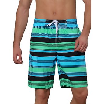 Men's Drawstring Stripes Printed Color Block Beach Pool Board Shorts