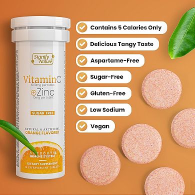 Vitamin C + Zinc Effervescent Tablets - Sugar-free & Vegan - Fizzy Vit C For Immune Support - 80 Ct