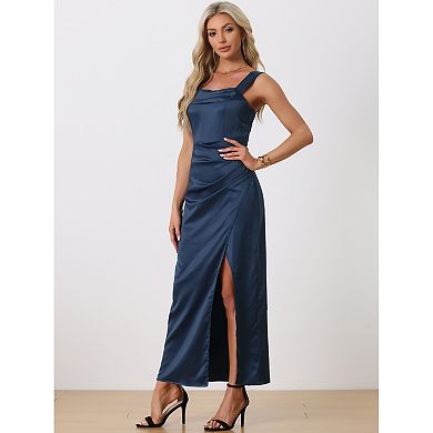Women's Ruched Front Elegant Wedding Guest Wide Straps Party Split Maxi Dresses