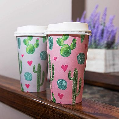 48x Cute Cactus Insulated Disposable Paper Coffee Cups With Lids For Party 16oz