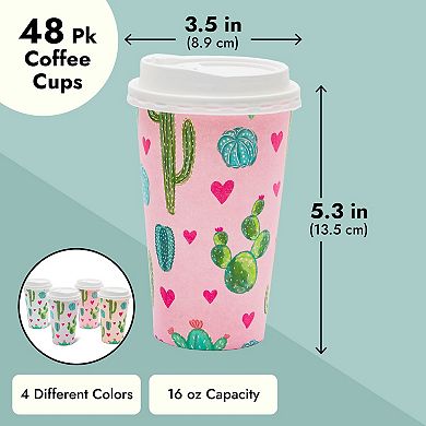 48x Cute Cactus Insulated Disposable Paper Coffee Cups With Lids For Party 16oz