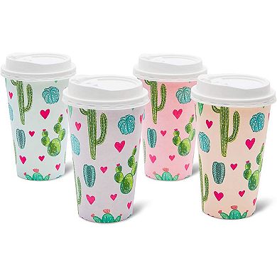 48x Cute Cactus Insulated Disposable Paper Coffee Cups With Lids For Party 16oz