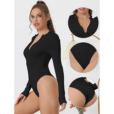 Zip Front Bodysuit For Women's Casual Stand Neck Long Sleeve Slimming Going Out Tops