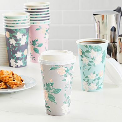 24-Pack Floral Disposable To Go Paper Coffee Cups with Lids 16 oz, 4 Colors