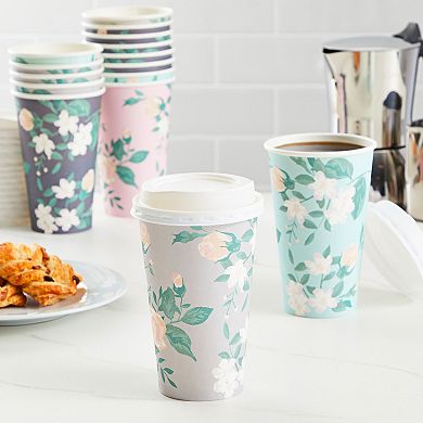 24 Pack Disposable Floral Paper Coffee Cups With Lids 16 Oz, 4 Pastel Colors