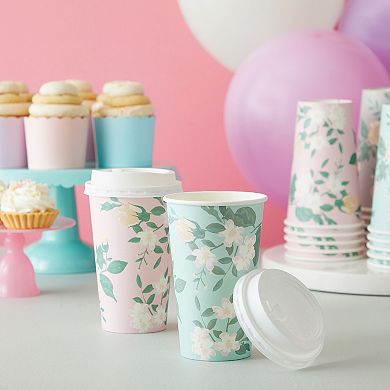 24-Pack Floral Disposable To Go Paper Coffee Cups with Lids 16 oz, 4 Colors