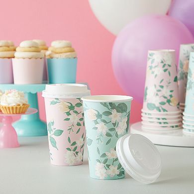 24 Pack Disposable Floral Paper Coffee Cups With Lids 16 Oz, 4 Pastel Colors