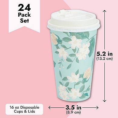 24-Pack Floral Disposable To Go Paper Coffee Cups with Lids 16 oz, 4 Colors