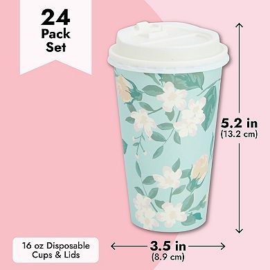 24 Pack Disposable Floral Paper Coffee Cups With Lids 16 Oz, 4 Pastel Colors