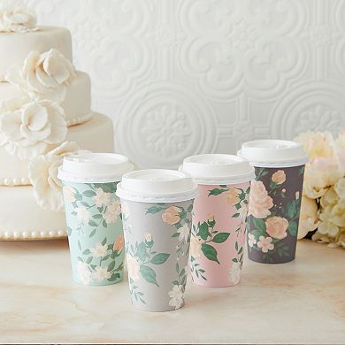 24 Pack Disposable Floral Paper Coffee Cups With Lids 16 Oz, 4 Pastel Colors