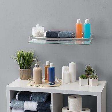 Floating Wall Mount Tempered Glass Bathroom Shelf With Brushed Chrome Rail