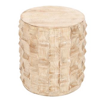 20 Inch Side End Table, Round Drum Shape With 3d Textured Design, Distressed White Finish