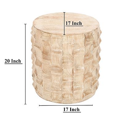 20 Inch Side End Table, Round Drum Shape With 3d Textured Design, Distressed White Finish