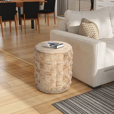 20 Inch Side End Table, Round Drum Shape With 3d Textured Design, Distressed White Finish