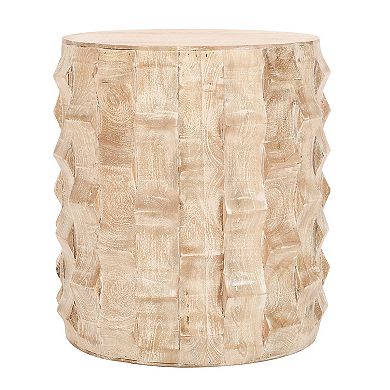 20 Inch Side End Table, Round Drum Shape With 3d Textured Design, Distressed White Finish