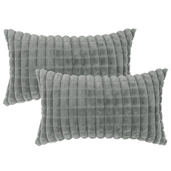 2 pc Checked Faux Fur Plush Throw Pillow Covers Solid Soft Fuzzy Cozy Pillowcases 12"x20"