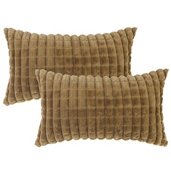2 pc Checked Faux Fur Plush Throw Pillow Covers Solid Soft Fuzzy Cozy Pillowcases 12"x20"
