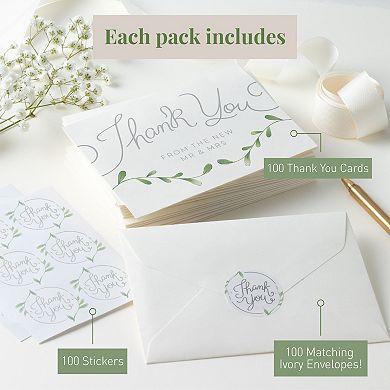 Rileys & Co Thank You Wedding Cards From The New Mr & Mrs. With Envelopes & Stickers, 100 Bulk Pack