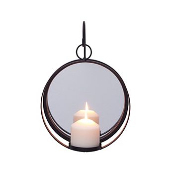 Round Wrought Iron Pillar Candle Sconce With Mirror Rustic Metal Hanging Wall Candleholder