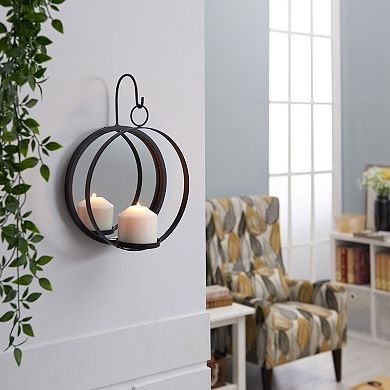 Round Wrought Iron Pillar Candle Sconce With Mirror Rustic Metal Hanging Wall Candleholder