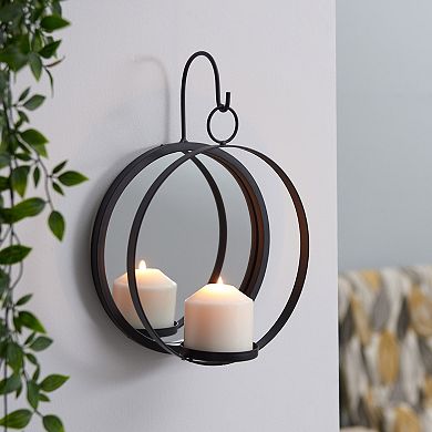 Round Wrought Iron Pillar Candle Sconce With Mirror Rustic Metal Hanging Wall Candleholder