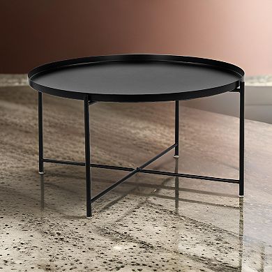 Ely 33 Inch Coffee Table, Round Tray Top, Cross Base, Black Metal Finish