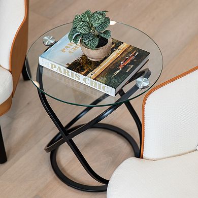 Galaxy Tempered Glass Round End Table With Cross Base Metal Frame