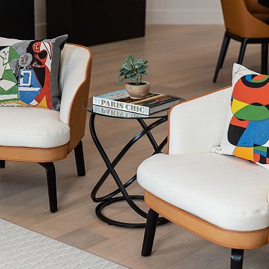Galaxy Tempered Glass Round End Table With Cross Base Metal Frame