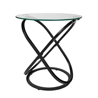 Galaxy Tempered Glass Round End Table With Cross Base Metal Frame