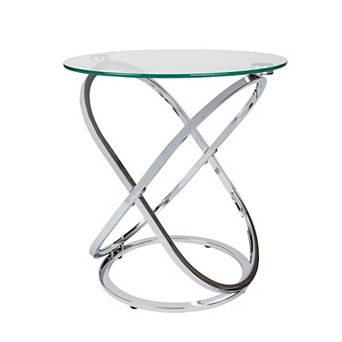 Galaxy Tempered Glass Round End Table With Cross Base Metal Frame
