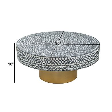 Piki 35 Inch Coffee Table, Mughal Capiz Inlaid Pattern, Gray, Gold