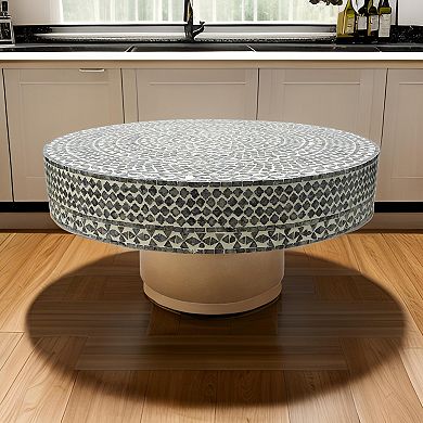 Piki 35 Inch Coffee Table, Mughal Capiz Inlaid Pattern, Gray, Gold