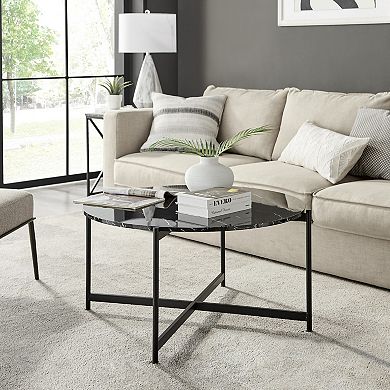 Round Contemporary Marble Finish Veneer Top Black Metal Large Coffee Table