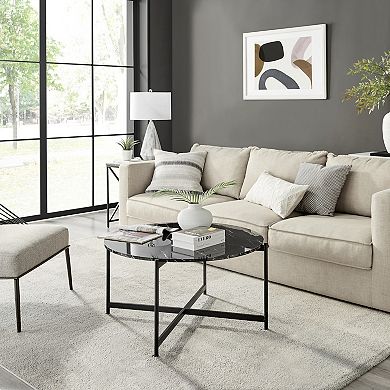 Round Contemporary Marble Finish Veneer Top Black Metal Large Coffee Table