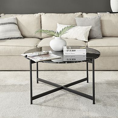 Round Contemporary Marble Finish Veneer Top Black Metal Large Coffee Table